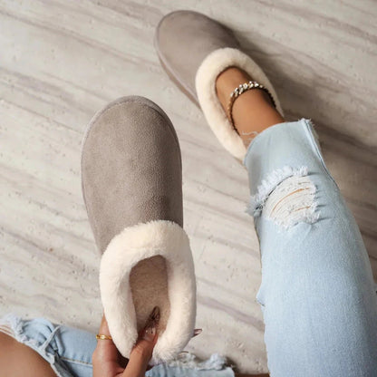 Plateau pantoffels voor dames in suède look met pluche rand en dikke profielzool - taupe