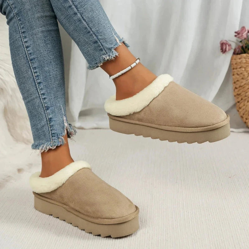 Plateau pantoffels voor dames in suède look met pluche rand en dikke profielzool - beeld 6
