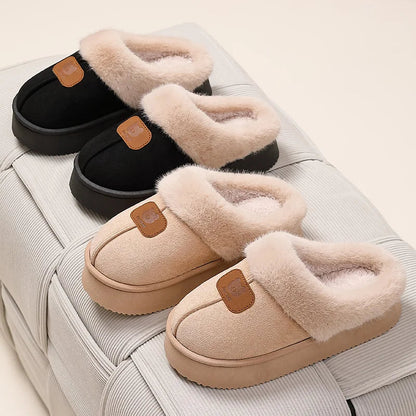Plateau pantoffels voor dames in suède look met brede pluche rand en open hiel - beeld 3