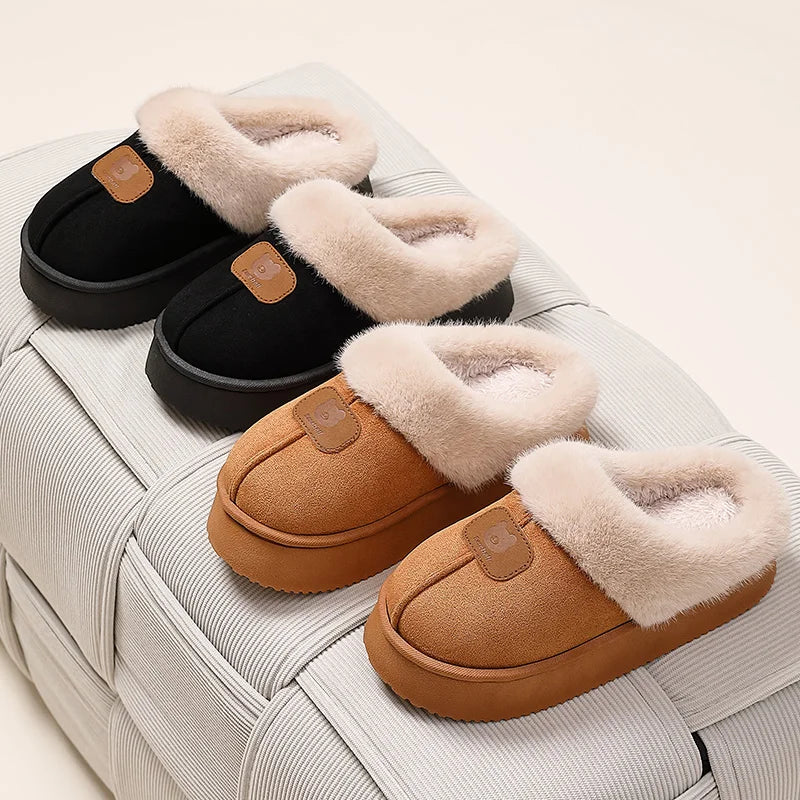 Plateau pantoffels voor dames in suède look met brede pluche rand en open hiel - beeld 4