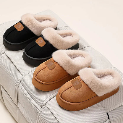Plateau pantoffels voor dames in suède look met brede pluche rand en open hiel - beeld 4