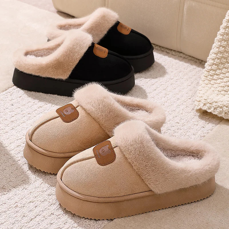 Plateau pantoffels voor dames in suède look met brede pluche rand en open hiel - beeld 5
