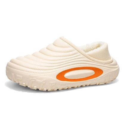 Plateau pantoffels met golfribbels, ovaal accent op de zijkant, pluche voering en profielzool - beige