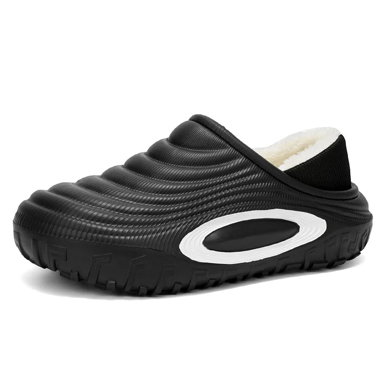 Plateau pantoffels met golfribbels, ovaal accent op de zijkant, pluche voering en profielzool - zwart