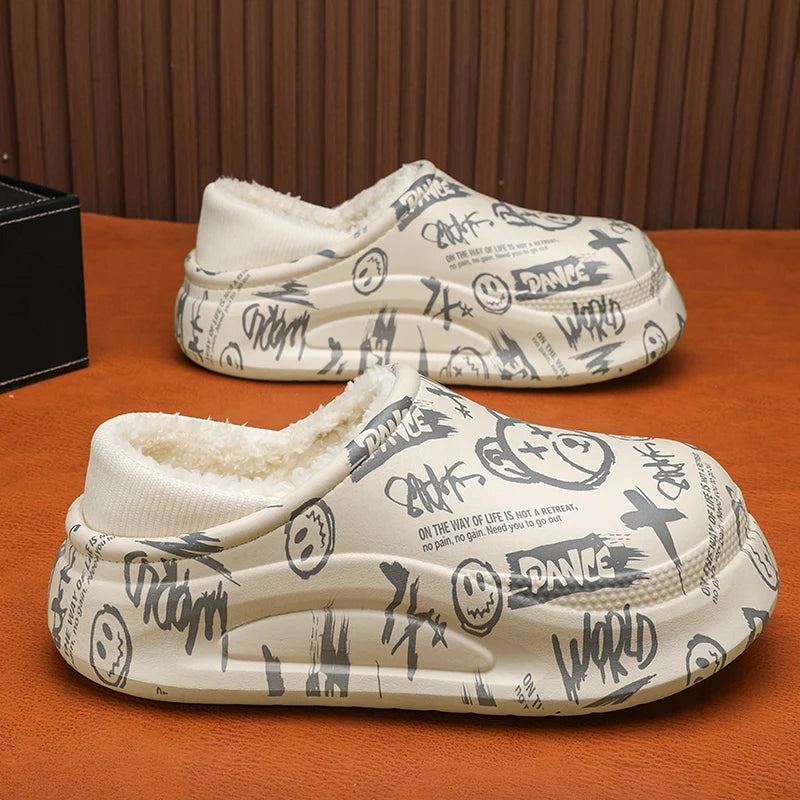 Plateau pantoffels met graffitiprint, pluche voering en gebreide boord rond de hiel - beeld 2
