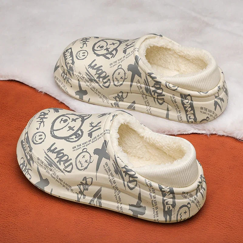 Plateau pantoffels met graffitiprint, pluche voering en gebreide boord rond de hiel - beeld 3