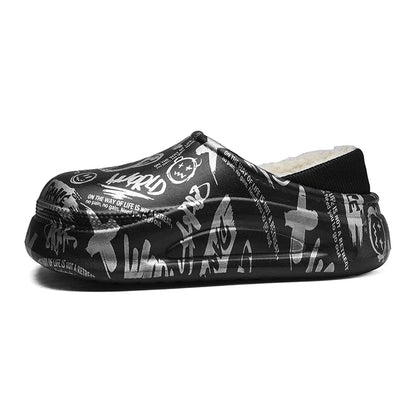 Plateau pantoffels met graffitiprint, pluche voering en gebreide boord rond de hiel - beeld 5