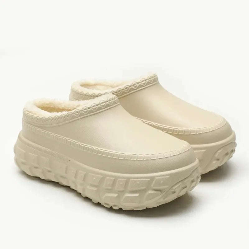 Plateau pantoffels in leerlook met dikke zool met bandenprofiel en pluche voering - beeld 3