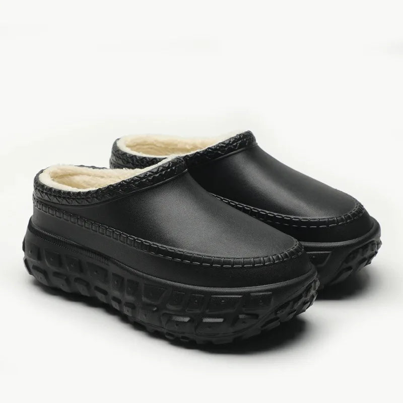 Plateau pantoffels in leerlook met dikke zool met bandenprofiel en pluche voering - beeld 4