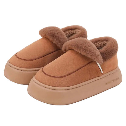 Plateau pantoffels in suède look met omgeslagen pluche kraag en dikke vlakke zool - camel
