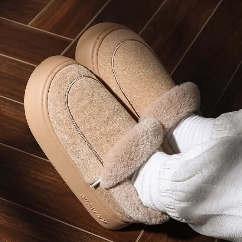 Plateau pantoffels in suède look met omgeslagen pluche kraag en dikke vlakke zool - beeld 3