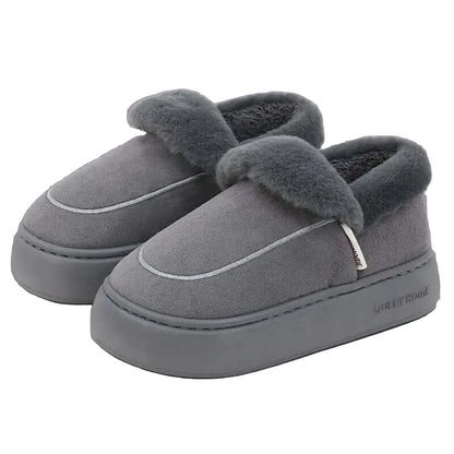 Plateau pantoffels in suède look met omgeslagen pluche kraag en dikke vlakke zool - grijs