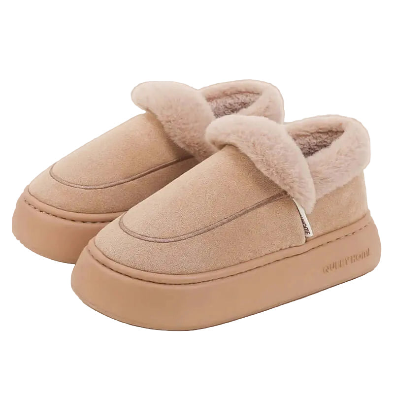 Plateau pantoffels in suède look met omgeslagen pluche kraag en dikke vlakke zool - beige