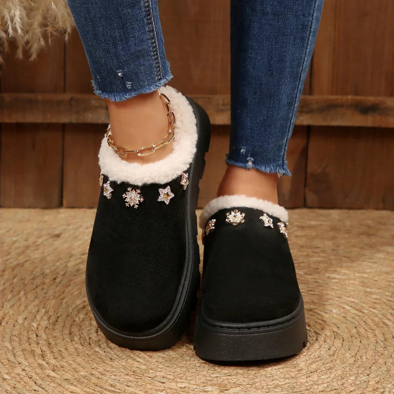 Plateau pantoffels in suède look met pluche rand en sterretjes van strass - beeld 6