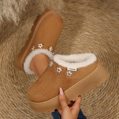 Plateau pantoffels in suède look met pluche rand en sterretjes van strass - camel