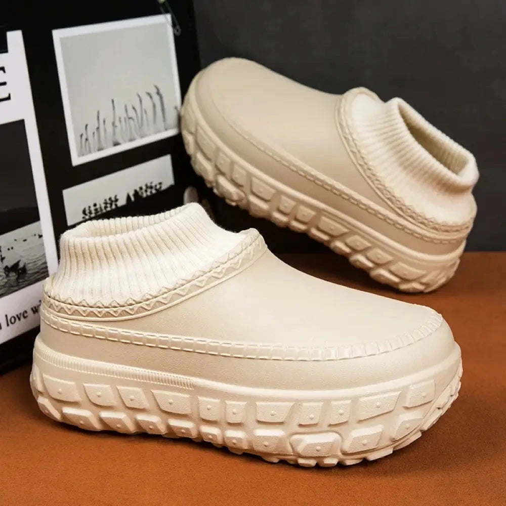 Plateau pantoffels met dikke profielzool, gladde buitenkant en pluche voering - beige / gebreide boord