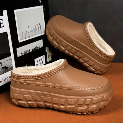 Plateau pantoffels met dikke profielzool, gladde buitenkant en pluche voering - bruin / pluche rand