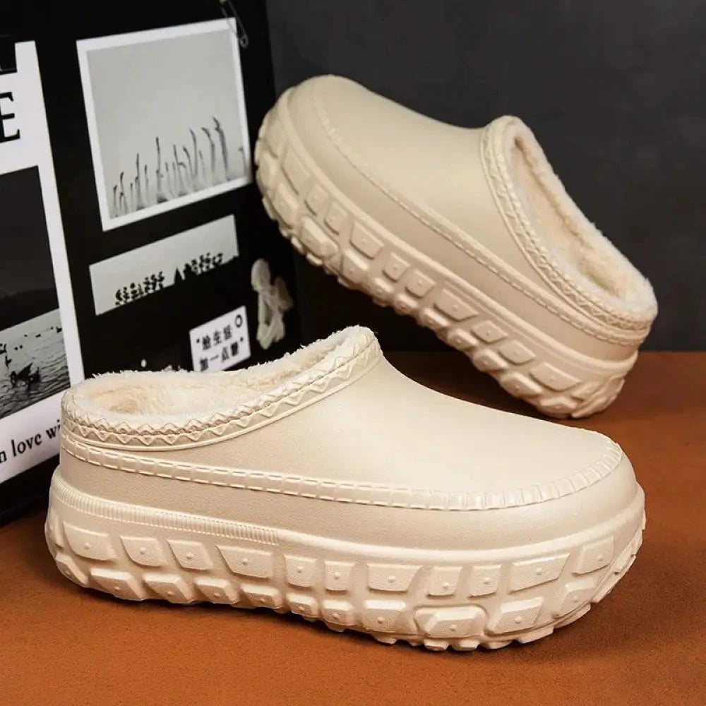 Plateau pantoffels met dikke profielzool, gladde buitenkant en pluche voering - beige / pluche rand