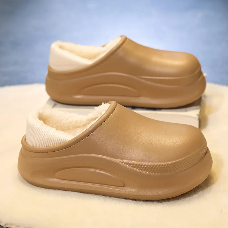 Plateau pantoffels met gladde buitenkant, pluche voering, open hiel en hoge zool - camel