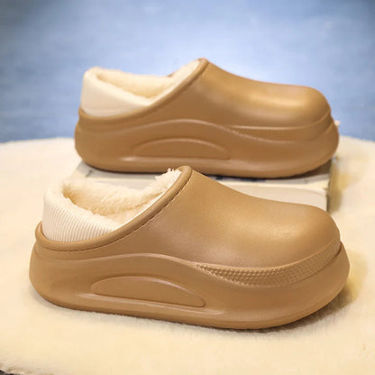 Plateau pantoffels met gladde buitenkant, pluche voering, open hiel en hoge zool - camel