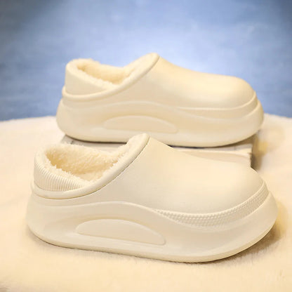 Plateau pantoffels met gladde buitenkant, pluche voering, open hiel en hoge zool - crème