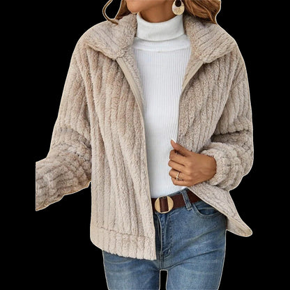 Pluche damesjack met ribstructuur en omslagkraag - beige