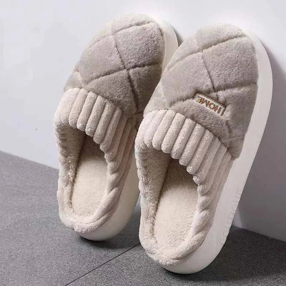 Pluche pantoffels voor dames met ruitstiksel, geribbelde boord, pluche voering en dikke zool - taupe