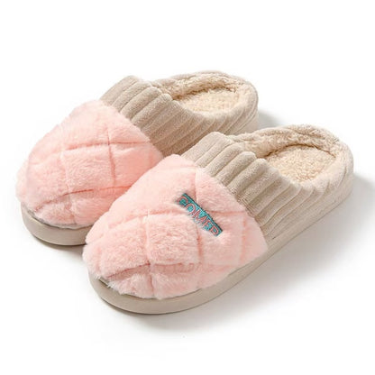 Pluche pantoffels voor dames met ruitstiksel, geribbelde boord, pluche voering en dikke zool - roze