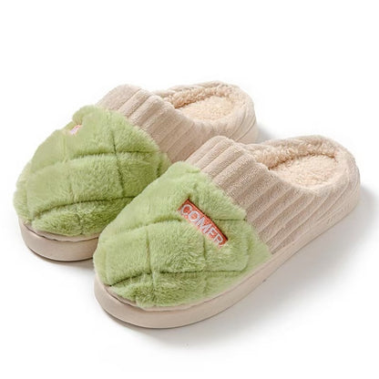 Pluche pantoffels voor dames met ruitstiksel, geribbelde boord, pluche voering en dikke zool - groen