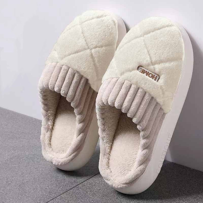 Pluche pantoffels voor dames met ruitstiksel, geribbelde boord, pluche voering en dikke zool - crème-taupe