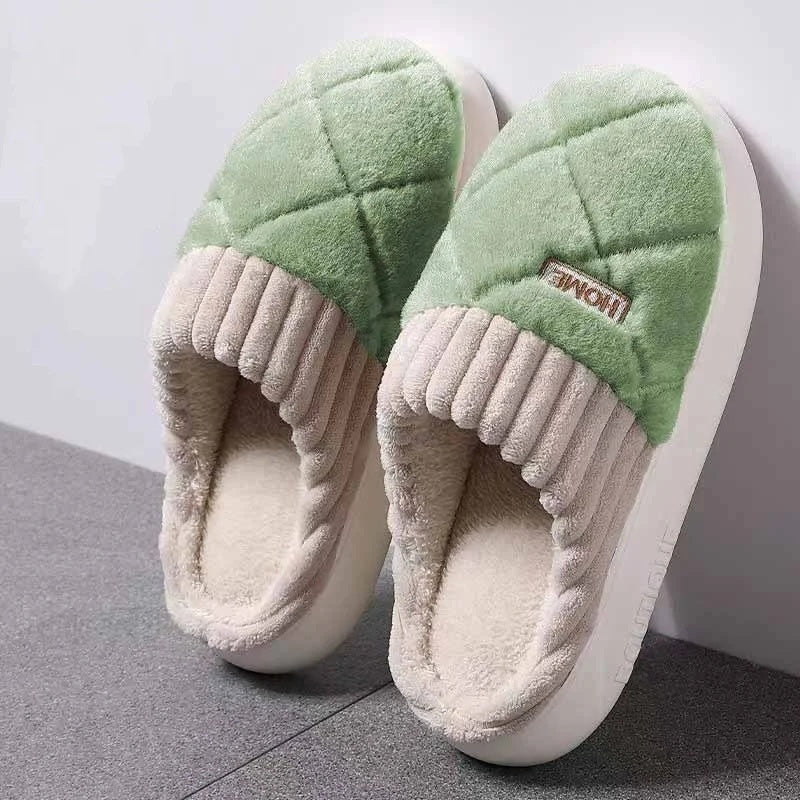 Pluche pantoffels voor dames met ruitstiksel, geribbelde boord, pluche voering en dikke zool - groen-taupe