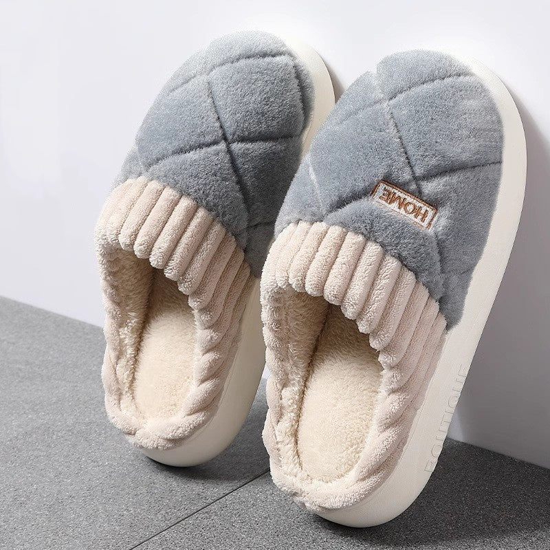 Pluche pantoffels voor dames met ruitstiksel, geribbelde boord, pluche voering en dikke zool - blauwgrijs