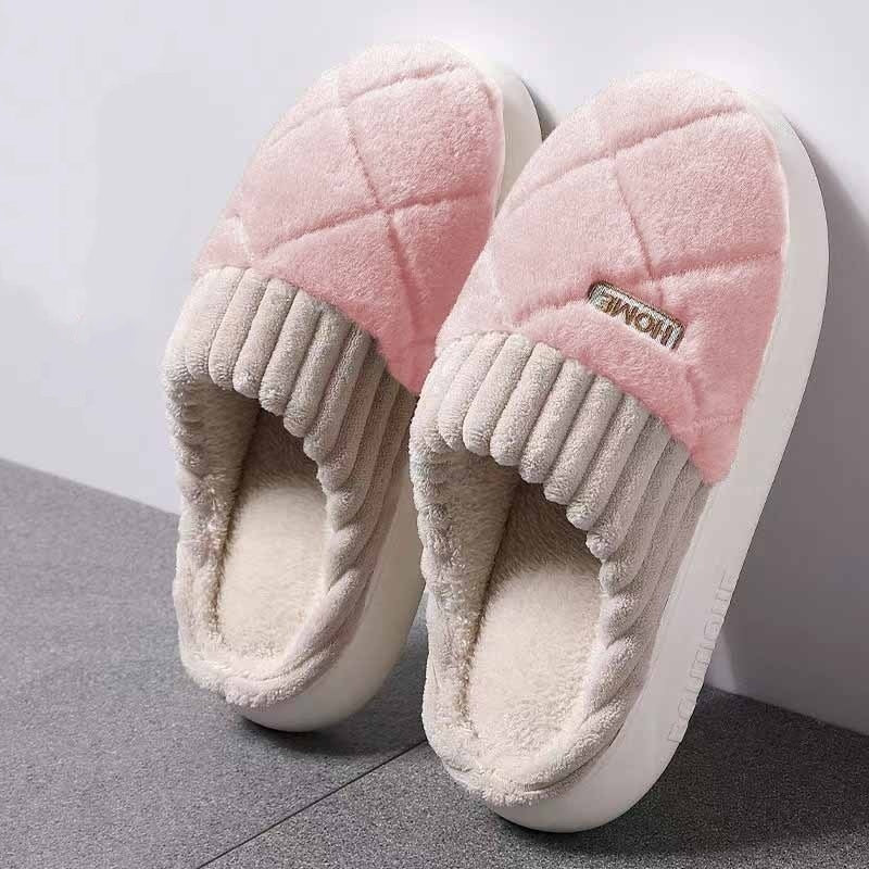 Pluche pantoffels voor dames met ruitstiksel, geribbelde boord, pluche voering en dikke zool - roze-taupe