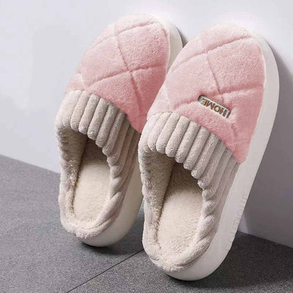 Pluche pantoffels voor dames met ruitstiksel, geribbelde boord, pluche voering en dikke zool - roze-taupe