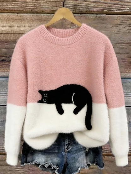 Pluizige damestrui met zwarte kattenprint en crèmewitte onderkant - roze