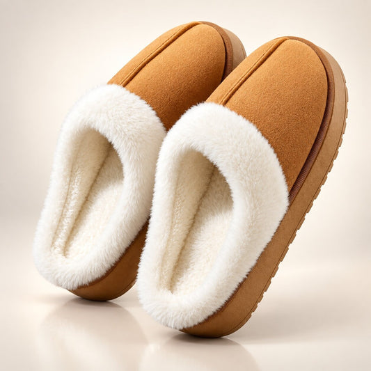Pluizige plateaupantoffels met brede pluchekraag en open hiel - camel