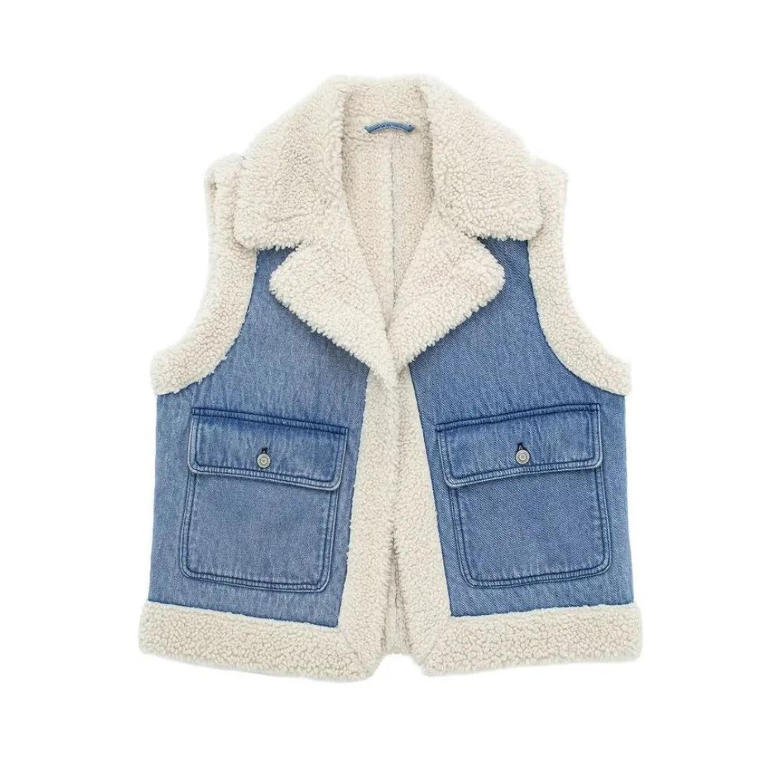 Dames Denim Shearling Jas - Vintage Stijl met Luxe Details