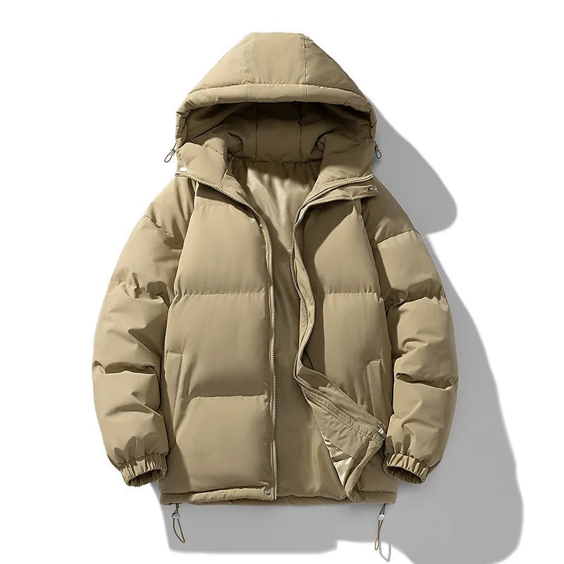Pufferjack voor heren met capuchon en opstaande binnenkraag - zandbeige
