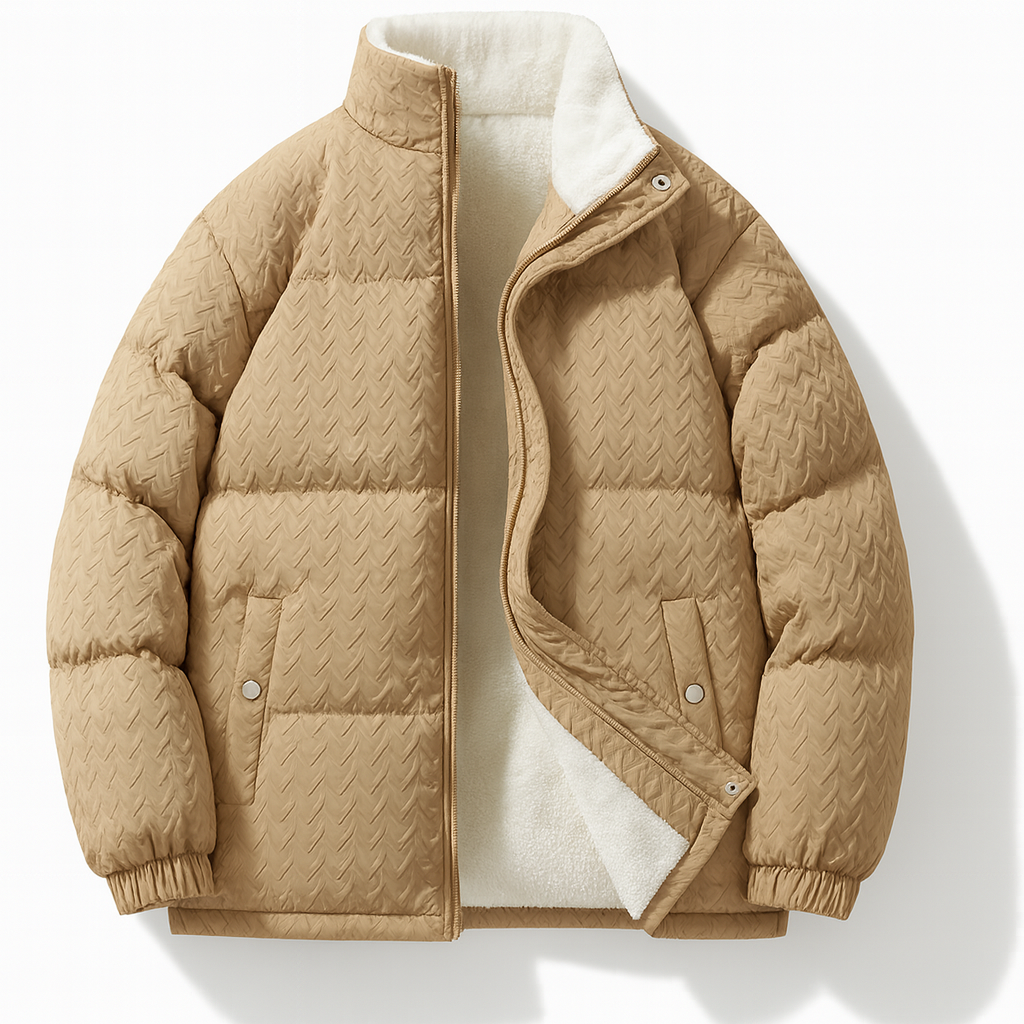 Pufferjas voor heren met reliëfpatroon en teddyvoering - camel