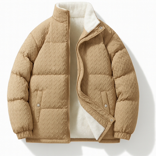 Pufferjas voor heren met reliëfpatroon en teddyvoering - camel