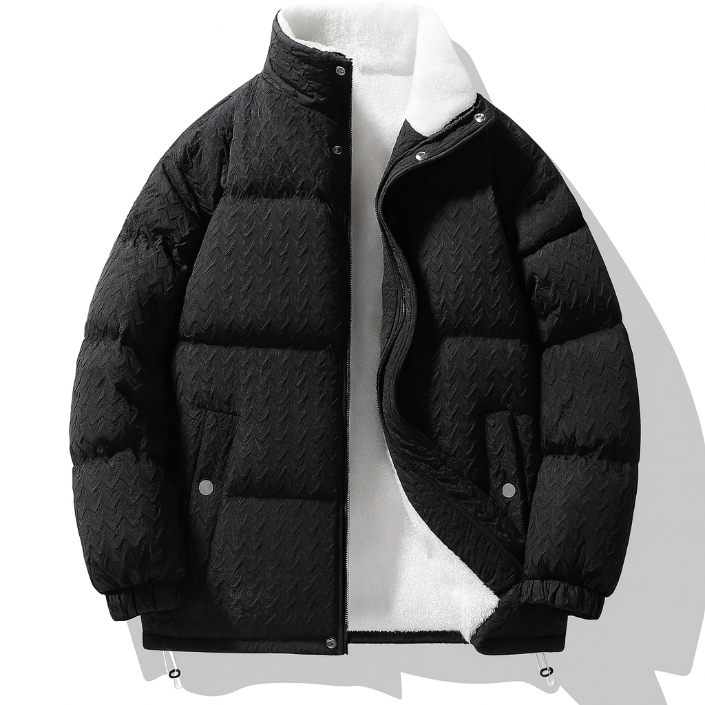 Pufferjas voor heren met reliëfpatroon en teddyvoering - zwart
