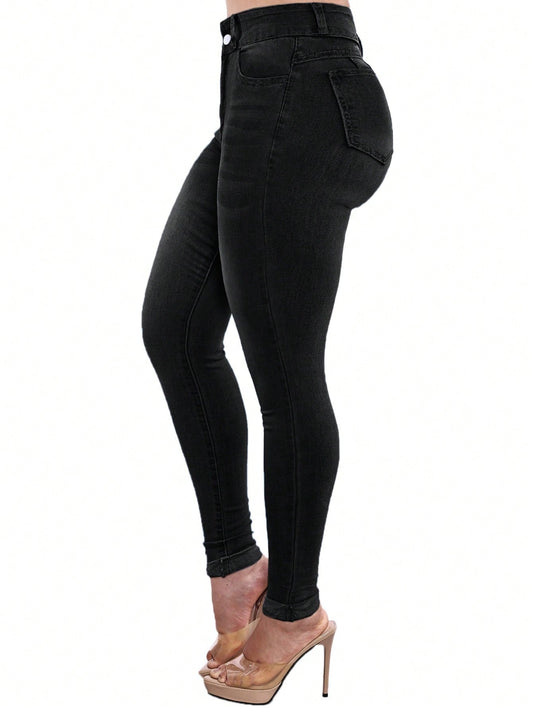 Push up jeans voor dames met hoge taille en skinny pijp - zwart