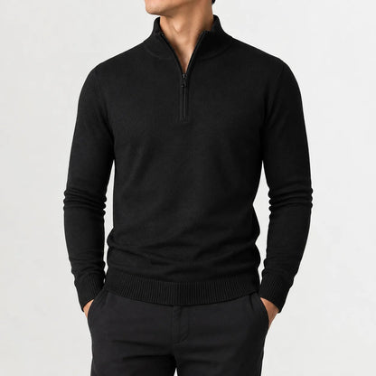 Quarter-zip herentrui in fijn breisel met geribde boorden - zwart