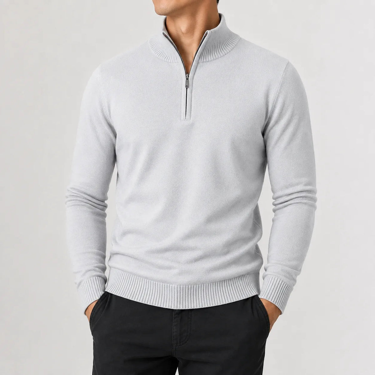 Quarter-zip herentrui in fijn breisel met geribde boorden - lichtgrijs