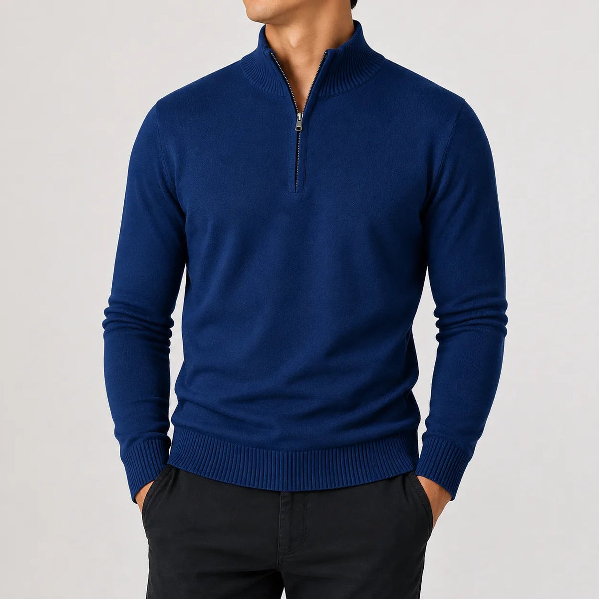 Quarter-zip herentrui in fijn breisel met geribde boorden - marineblauw