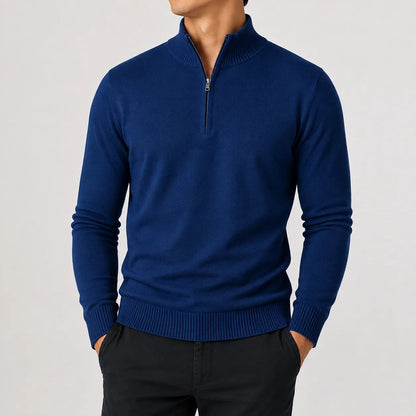 Quarter-zip herentrui in fijn breisel met geribde boorden - marineblauw