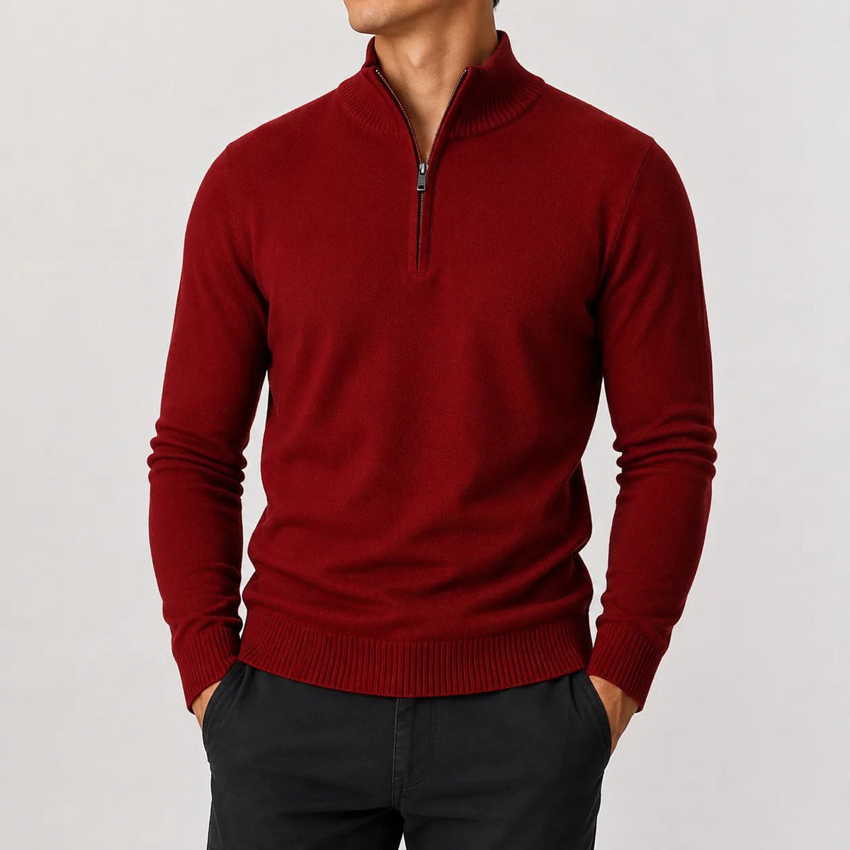 Quarter-zip herentrui in fijn breisel met geribde boorden - donkerrood