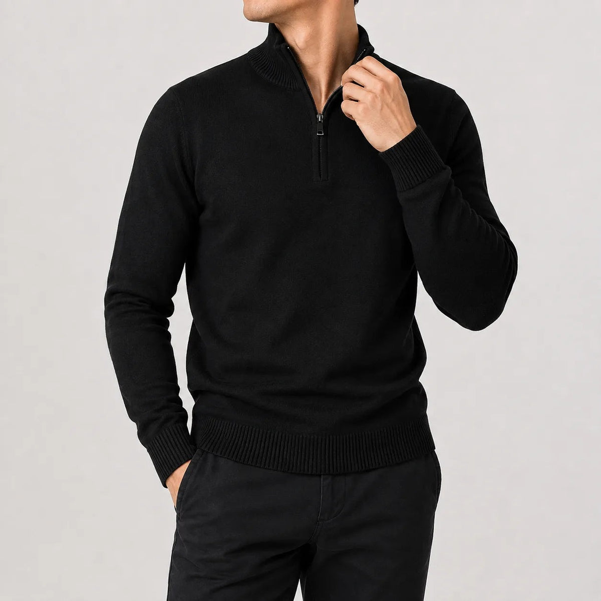 Quarter-zip herentrui in fijn breisel met geribde boorden - beeld 2