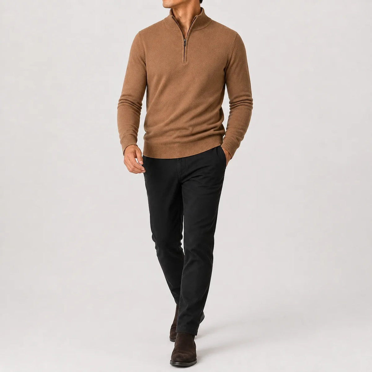 Quarter-zip herentrui in fijn breisel met geribde boorden - beeld 4