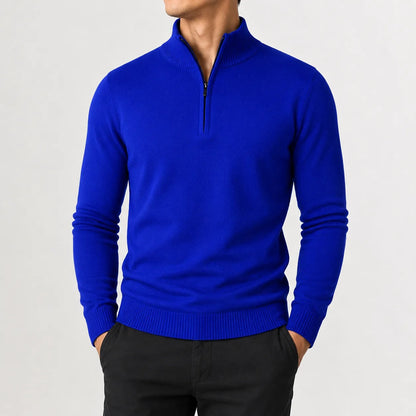 Quarter-zip herentrui in fijn breisel met geribde boorden - kobaltblauw